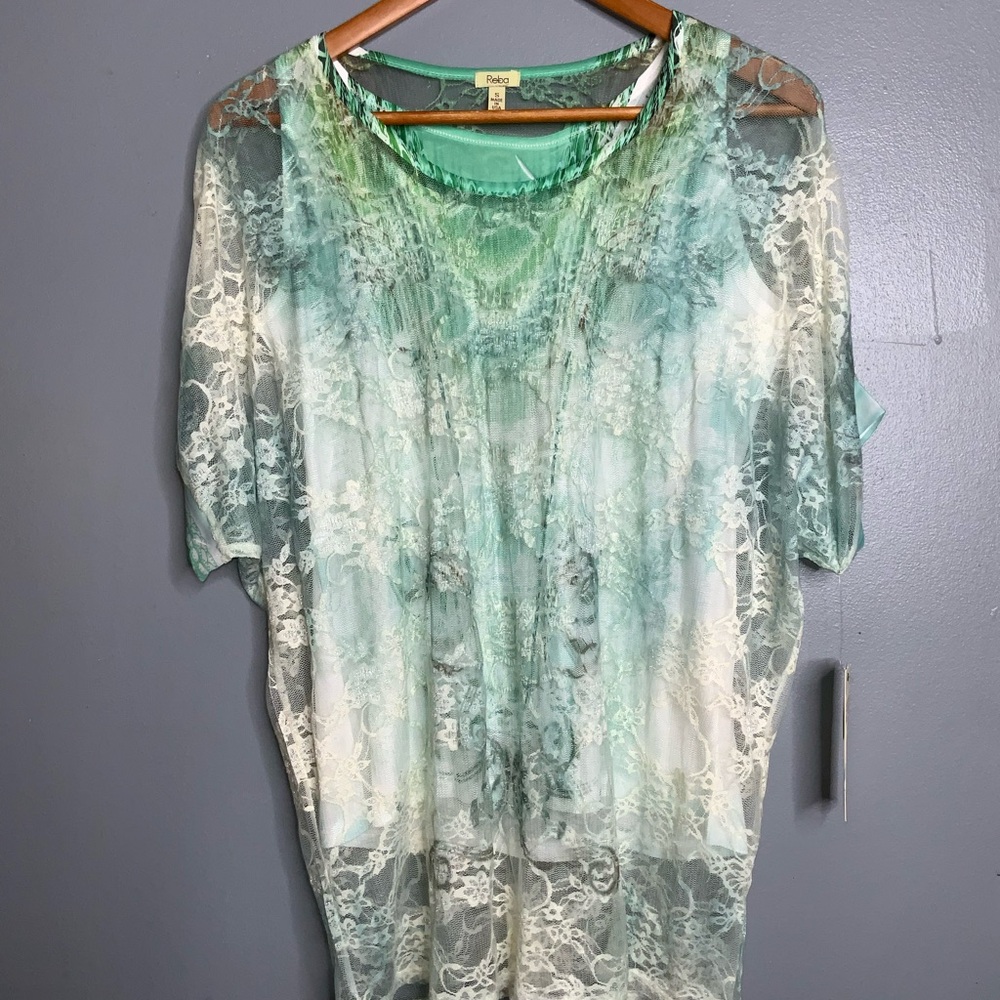 Reba Green and White Lace Overlay Stretch Knit Blouse Tunic Small NWT - Picture 2 of 8